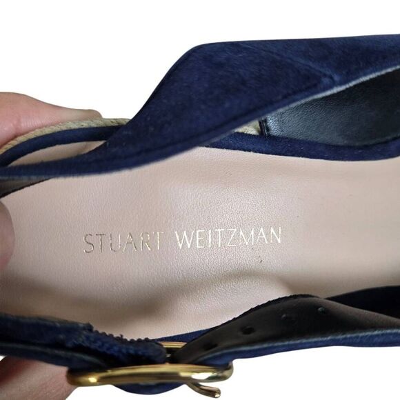 Stuart Weitzman Jean Blue Suede Slingback Cork Wedge Heel Sandal Size 8 - Picture 11 of 14